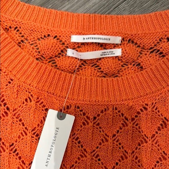 BY ANTHROPOLOGIE FLOUNCE-HEM POINTELLE SWEATER crew neck size L - tangerine - Picture 2 of 11